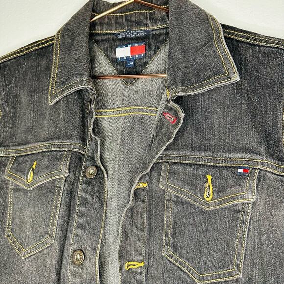 Vintage Tommy Hilfiger Black Button Front Pockets Denim Jacket Size Large - Picture 2 of 9